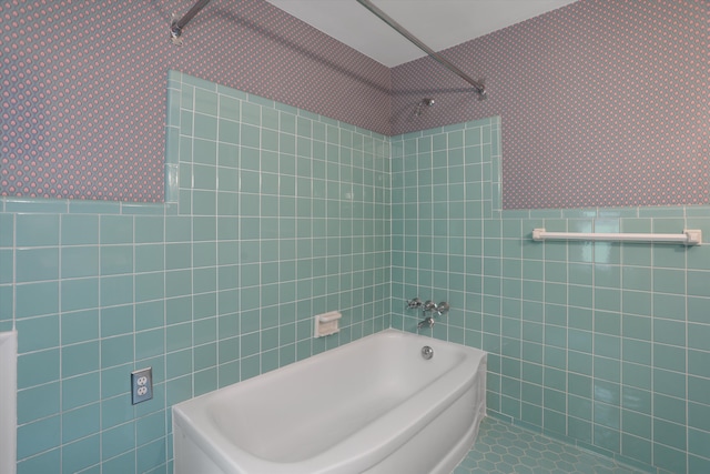 1133 Balfour St, Grosse Pointe Park, MI 48230 - full bathroom featuring tile walls, wallpapered walls, shower / tub combination, and tile patterned flooring