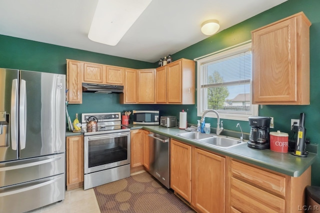 2924 E Valley Rd, Adrian, MI 49221 - kitchen featuring stainless steel appliances, a sink, under cabinet range hood, and light brown cabinetry