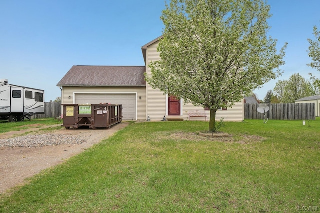 view of property hidden behind natural elements with an attached garage, driveway, and roof with shingles