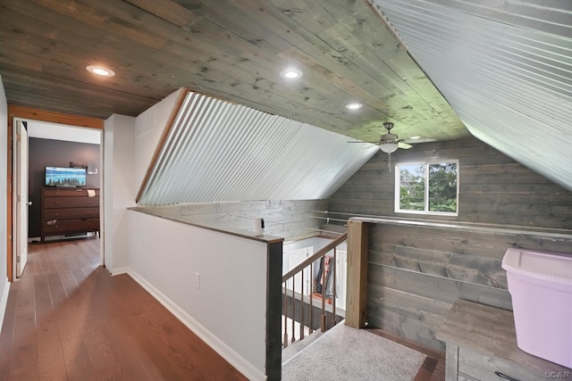 bonus room featuring wooden ceiling, wood finished floors, recessed lighting, baseboards, and lofted ceiling