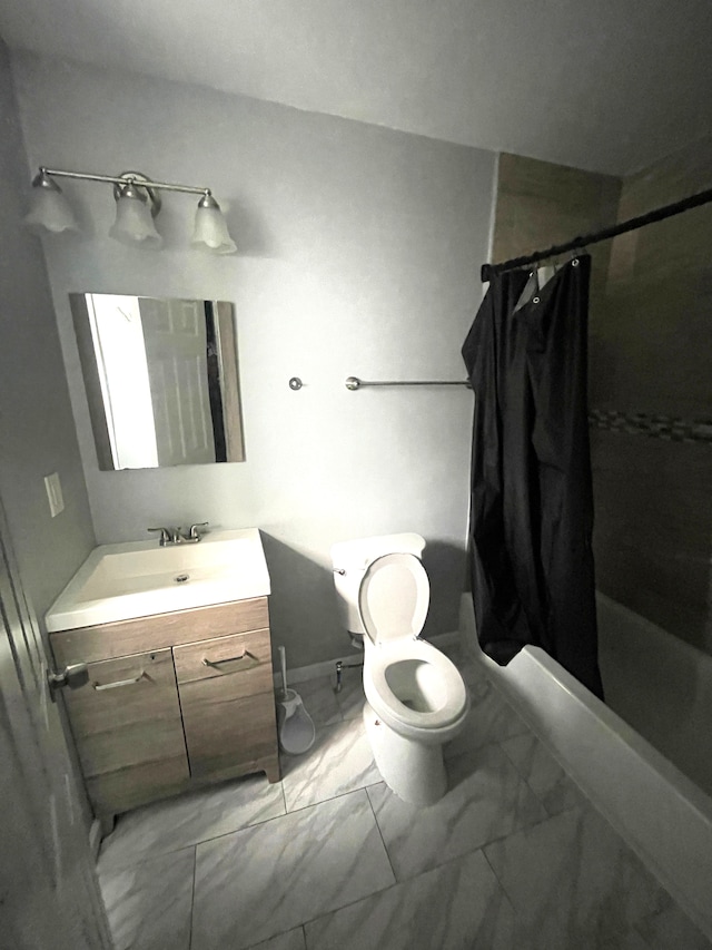1714 Woodland St, Hamtramck, MI 48212 - full bath featuring marble look tile flooring, toilet, vanity, and shower / bath combination with curtain