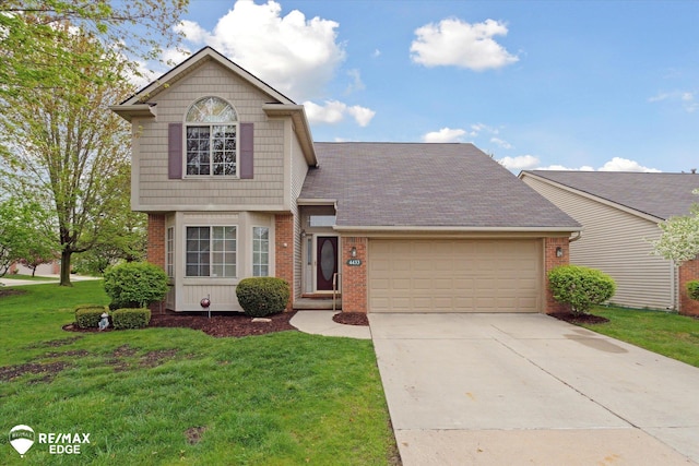 4433 Sunset Blvd, Grand Blanc, MI 48439 - traditional-style home featuring brick siding, a garage, driveway, and a front lawn