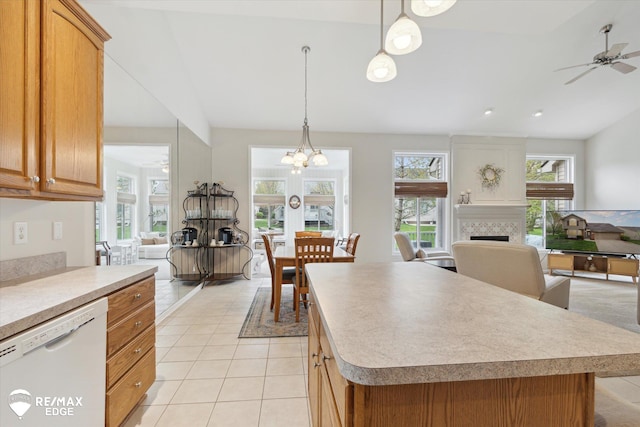 4433 Sunset Blvd, Grand Blanc, MI 48439 - kitchen with dishwasher, open floor plan, ceiling fan, and light tile patterned flooring