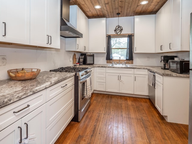 kitchen with stainless steel appliances, wall chimney exhaust hood, a sink, wood ceiling, and white cabinets