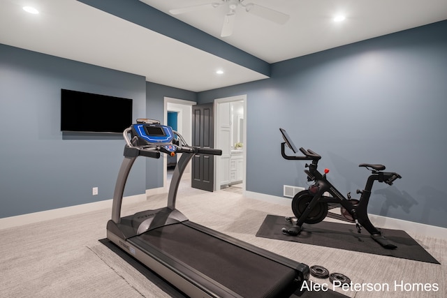 workout room with light colored carpet, recessed lighting, baseboards, and a ceiling fan
