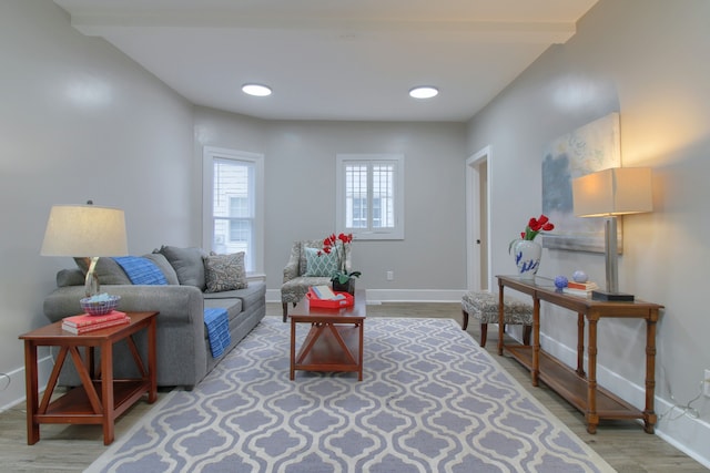 127 Bates St, Jackson, MI 49202 - living area with wood finished floors, baseboards, recessed lighting, and beam ceiling