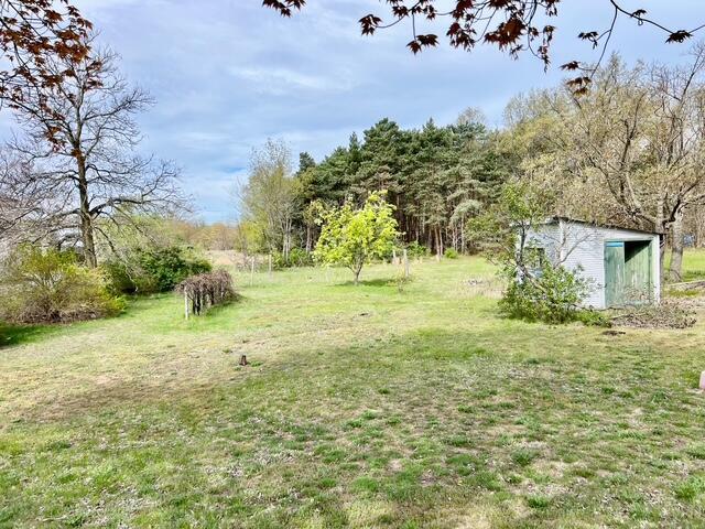 view of green lawn with an outbuilding and a storage shed
