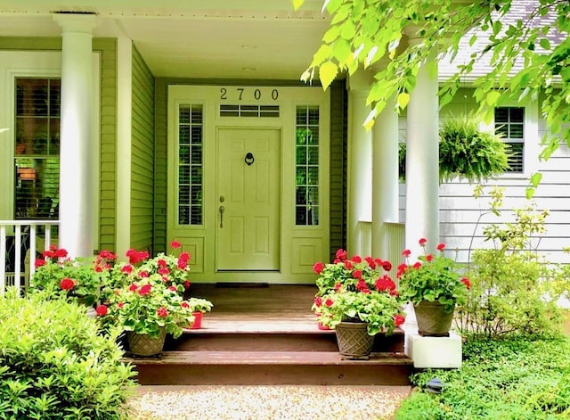 view of exterior entry featuring covered porch