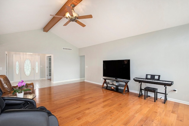 1204 Bradbury Dr, Troy, MI 48098 - living room with beam ceiling, ceiling fan, light wood-style floors, high vaulted ceiling, and baseboards