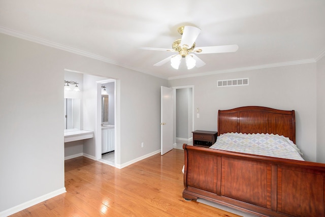 1204 Bradbury Dr, Troy, MI 48098 - bedroom with light wood-style floors, crown molding, baseboards, a ceiling fan, and ensuite bath