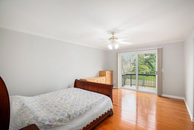 1204 Bradbury Dr, Troy, MI 48098 - bedroom featuring access to exterior, light wood finished floors, baseboards, ornamental molding, and ceiling fan