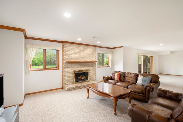 1204 Bradbury Dr, Troy, MI 48098 - living room with carpet, healthy amount of natural light, a fireplace, recessed lighting, and crown molding