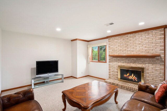 1204 Bradbury Dr, Troy, MI 48098 - living room with carpet flooring, baseboards, recessed lighting, a fireplace, and crown molding