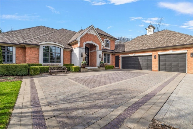 view of front of property featuring decorative driveway, brick siding, and a garage