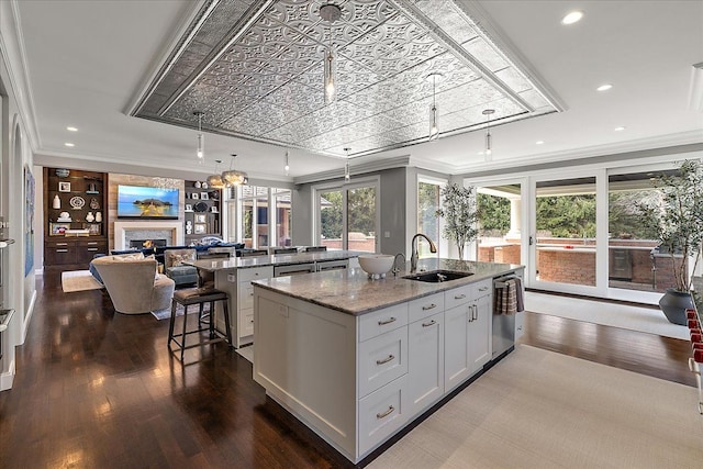 kitchen featuring a sink, an island with sink, dark wood-type flooring, ornamental molding, and open floor plan