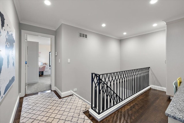 hallway with recessed lighting, an upstairs landing, crown molding, dark wood finished floors, and baseboards