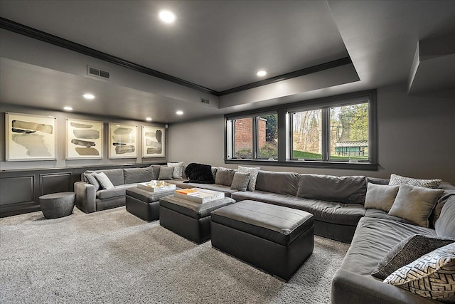 home theater room featuring crown molding, carpet, and recessed lighting