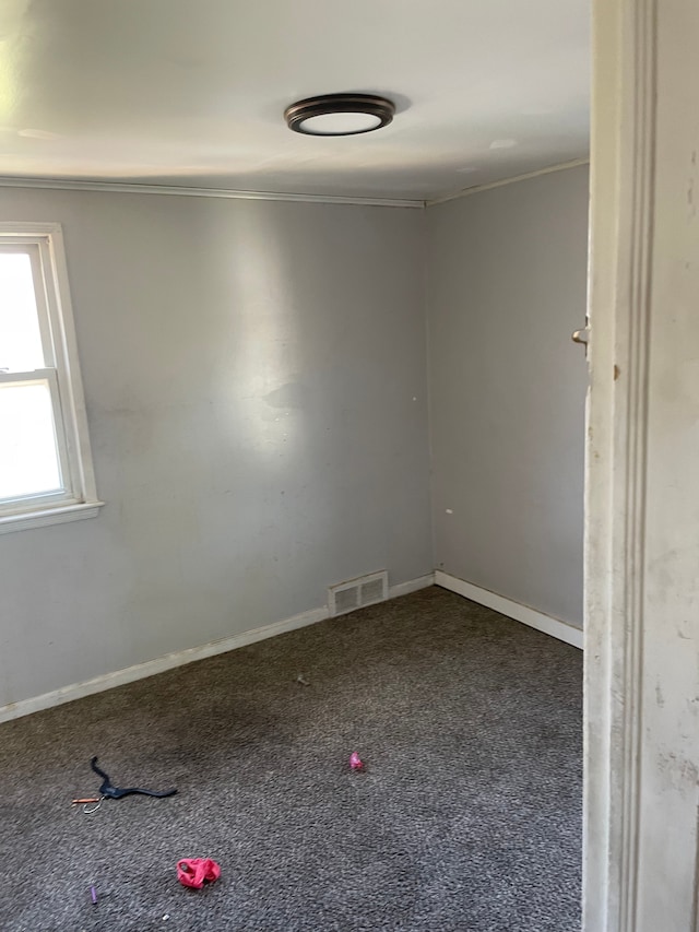 carpeted spare room with crown molding and baseboards