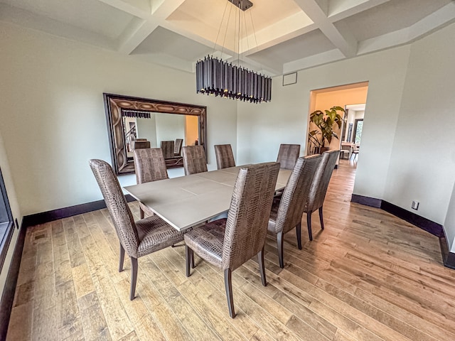 47490 Bellagio Dr, Northville, MI 48167 - dining area with coffered ceiling, light wood-style flooring, beamed ceiling, and baseboards