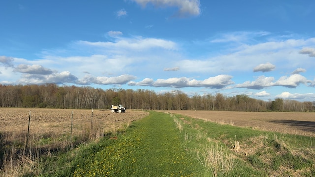 view of street featuring a rural view and a view of trees