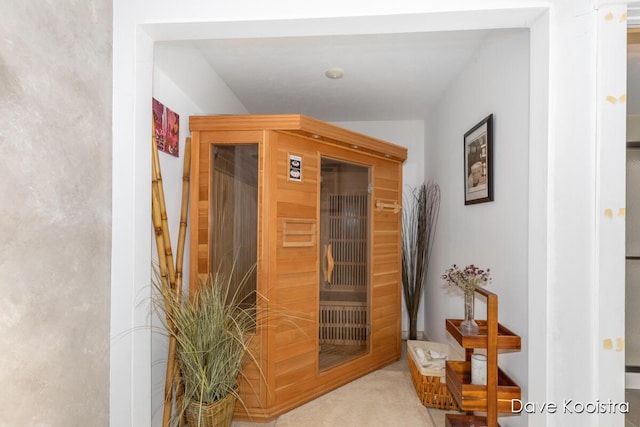 hallway featuring carpet and a sauna