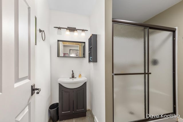 bathroom featuring a shower stall and vanity