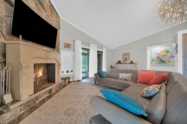 living area featuring lofted ceiling, a premium fireplace, ornamental molding, and a chandelier