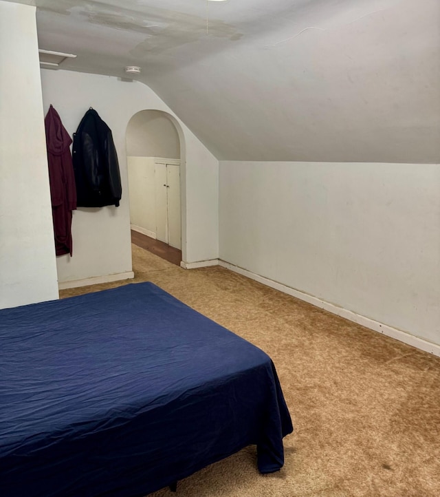bedroom with lofted ceiling, carpet, and baseboards
