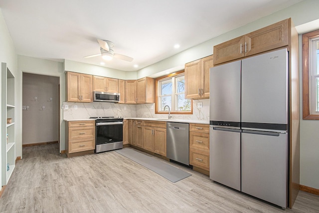 2228 Washington Ave, Saint Joseph, MI 49085 - kitchen with stainless steel appliances, light countertops, light wood-style flooring, and backsplash
