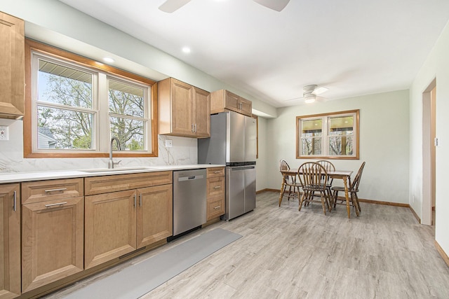 2228 Washington Ave, Saint Joseph, MI 49085 - kitchen featuring a ceiling fan, stainless steel appliances, a sink, backsplash, and baseboards
