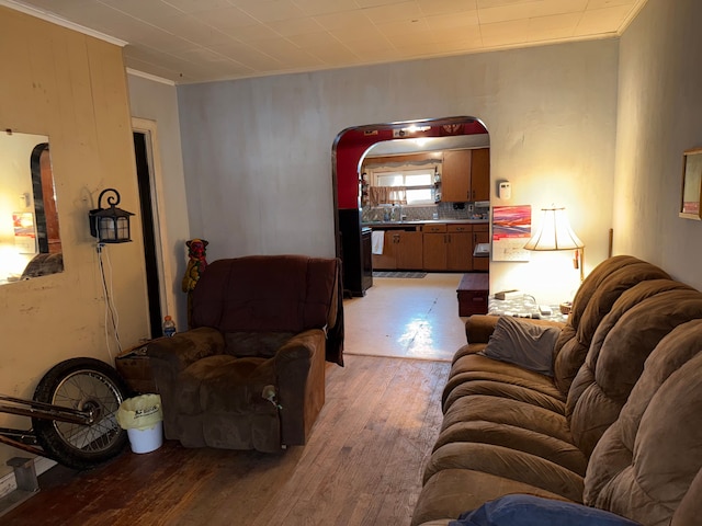 living area with light wood-style flooring, crown molding, and arched walkways