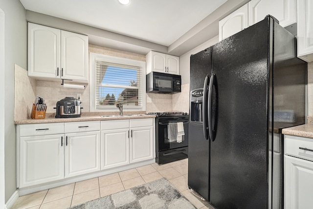 8373 Mckinley, Center Line, MI 48015 - kitchen featuring black appliances, backsplash, light tile patterned floors, white cabinetry, and recessed lighting
