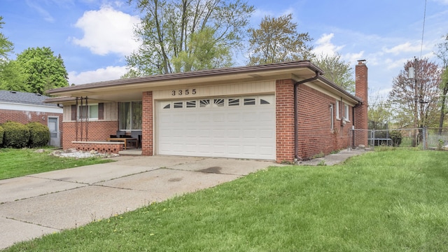 view of property exterior featuring brick siding, a chimney, a garage, and driveway