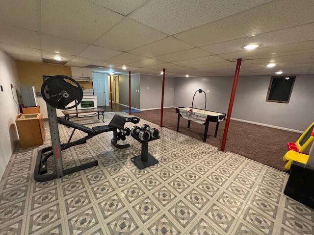 205 Wren Rd, Sturgis, MI 49091 - exercise area featuring a paneled ceiling, baseboards, and carpet floors