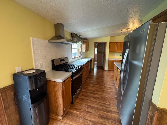 205 Wren Rd, Sturgis, MI 49091 - kitchen with stainless steel appliances, wall chimney exhaust hood, dark wood-style flooring, a sink, and a textured ceiling