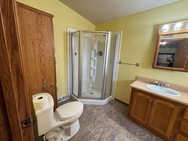 205 Wren Rd, Sturgis, MI 49091 - bathroom featuring a shower stall, vaulted ceiling, vanity, a textured ceiling, and toilet