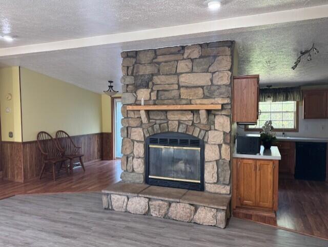 205 Wren Rd, Sturgis, MI 49091 - living room with wood finished floors, wainscoting, a textured ceiling, a fireplace, and wooden walls