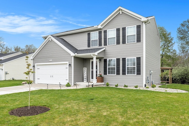 traditional-style home with concrete driveway, a front lawn, and a garage