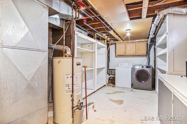 unfinished below grade area with water heater and washer and dryer