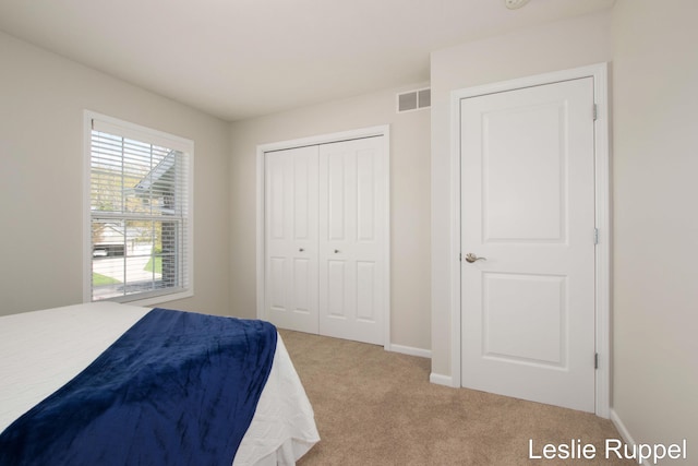 bedroom with carpet flooring, baseboards, and a closet