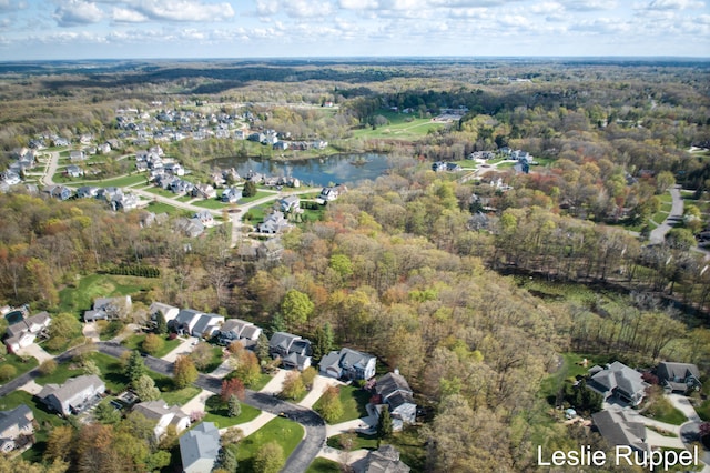 aerial overview of property's location featuring a forest, a large body of water, and nearby suburban area