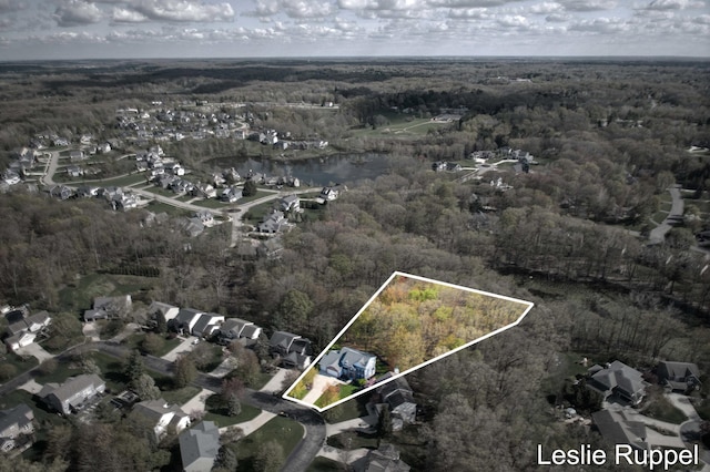 aerial perspective of suburban area featuring property boundaries highlighted and a forest