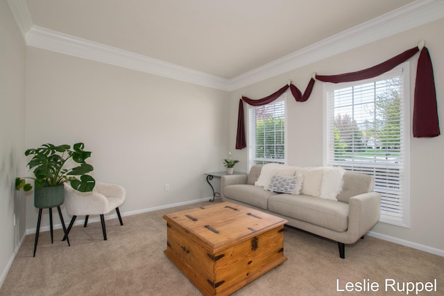 living room featuring ornamental molding, light colored carpet, and baseboards