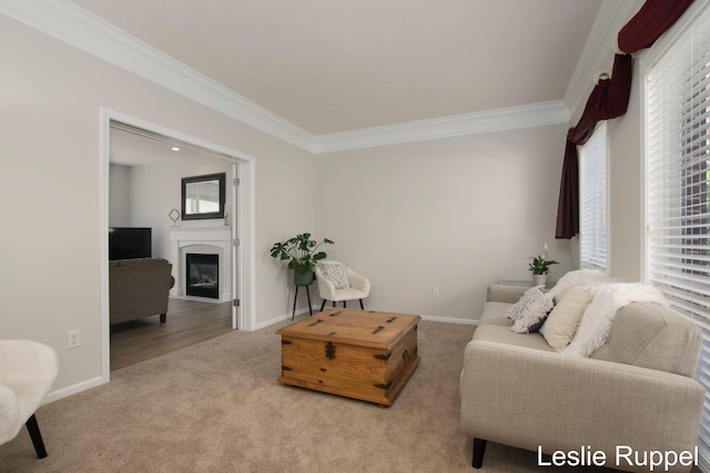 living area with crown molding, carpet flooring, a glass covered fireplace, and baseboards