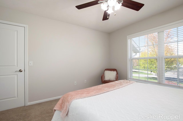 bedroom with carpet floors, multiple windows, baseboards, and a ceiling fan