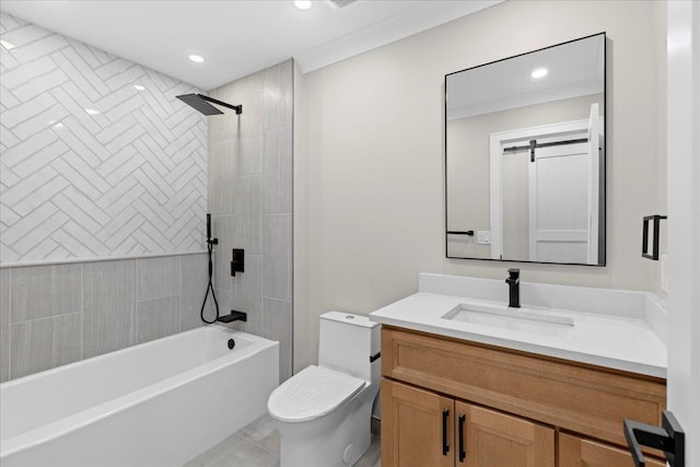 bathroom with toilet, vanity, tub / shower combination, and recessed lighting