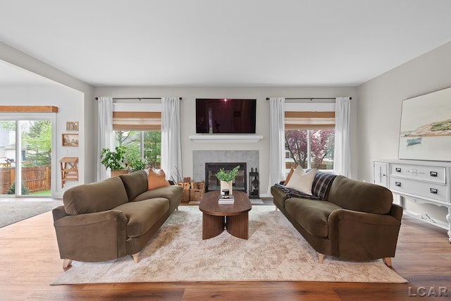 living room with plenty of natural light, a glass covered fireplace, and wood finished floors