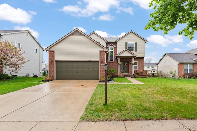 view of front of house featuring brick siding, driveway, and a front yard
