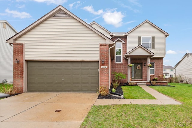 traditional home with brick siding, concrete driveway, a front yard, and a garage