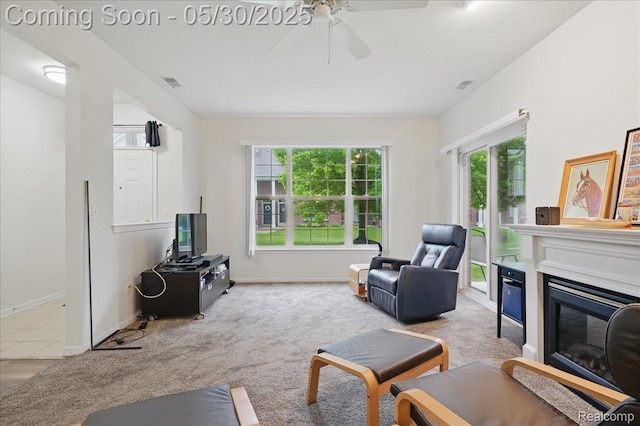 16490 Norfolk Dr, Macomb, MI 48044 - carpeted living room with ceiling fan, a glass covered fireplace, and baseboards